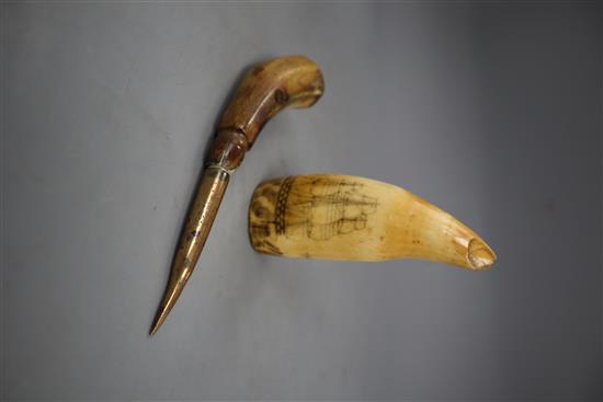 A 19th century scrimshaw sperm whale tooth and a horn handled lid